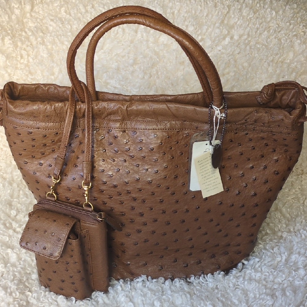 JRA Genuine Ostrich Leather Tote Handbag with Detachable Pouch